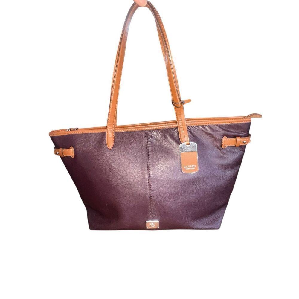 Lauren Ralph Lauren plum purple Leather & Brown Trim Tote Handbag carry all